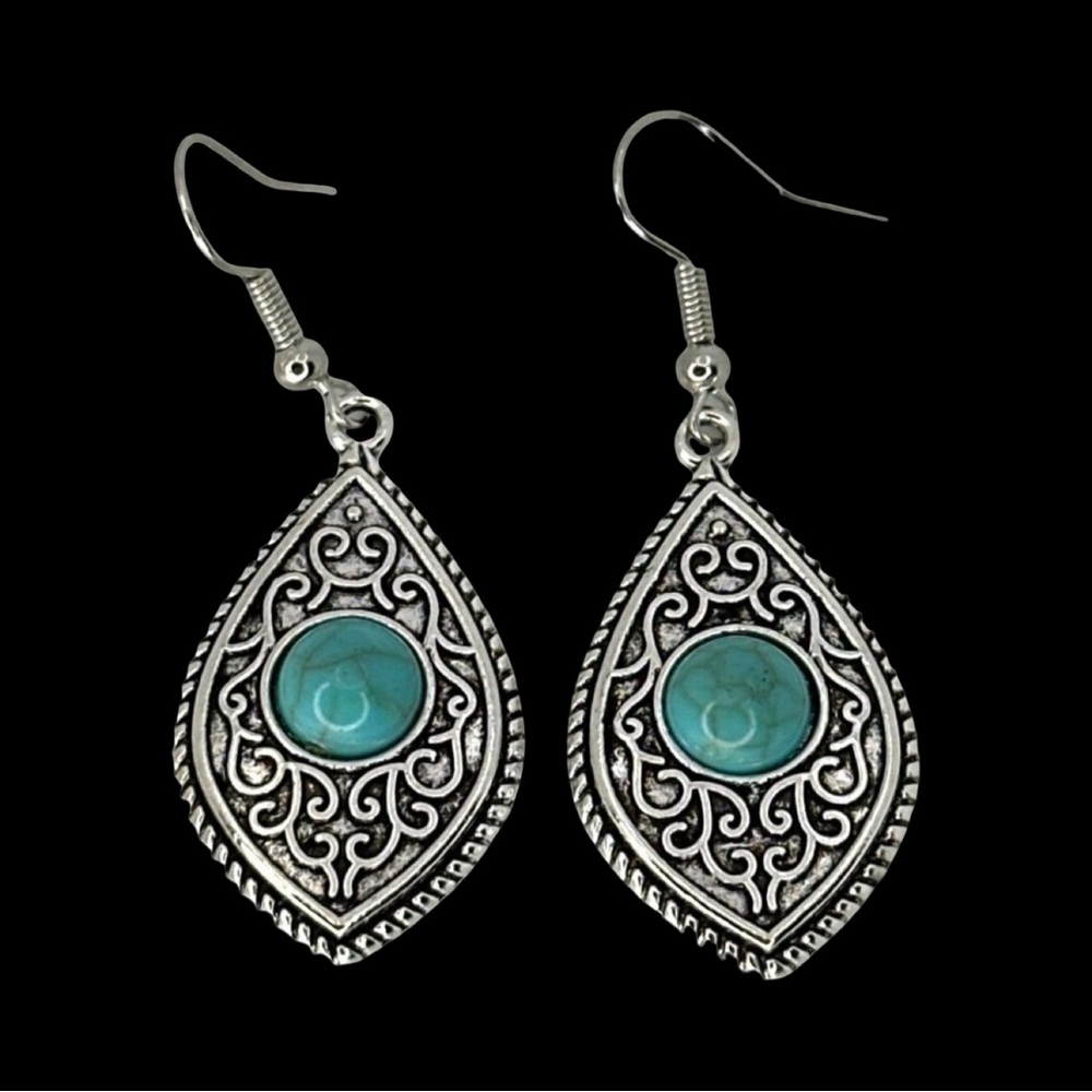 Antique Silver Tone Teardrop Earrings With Turquoise Stone Accent 2 Inches Long